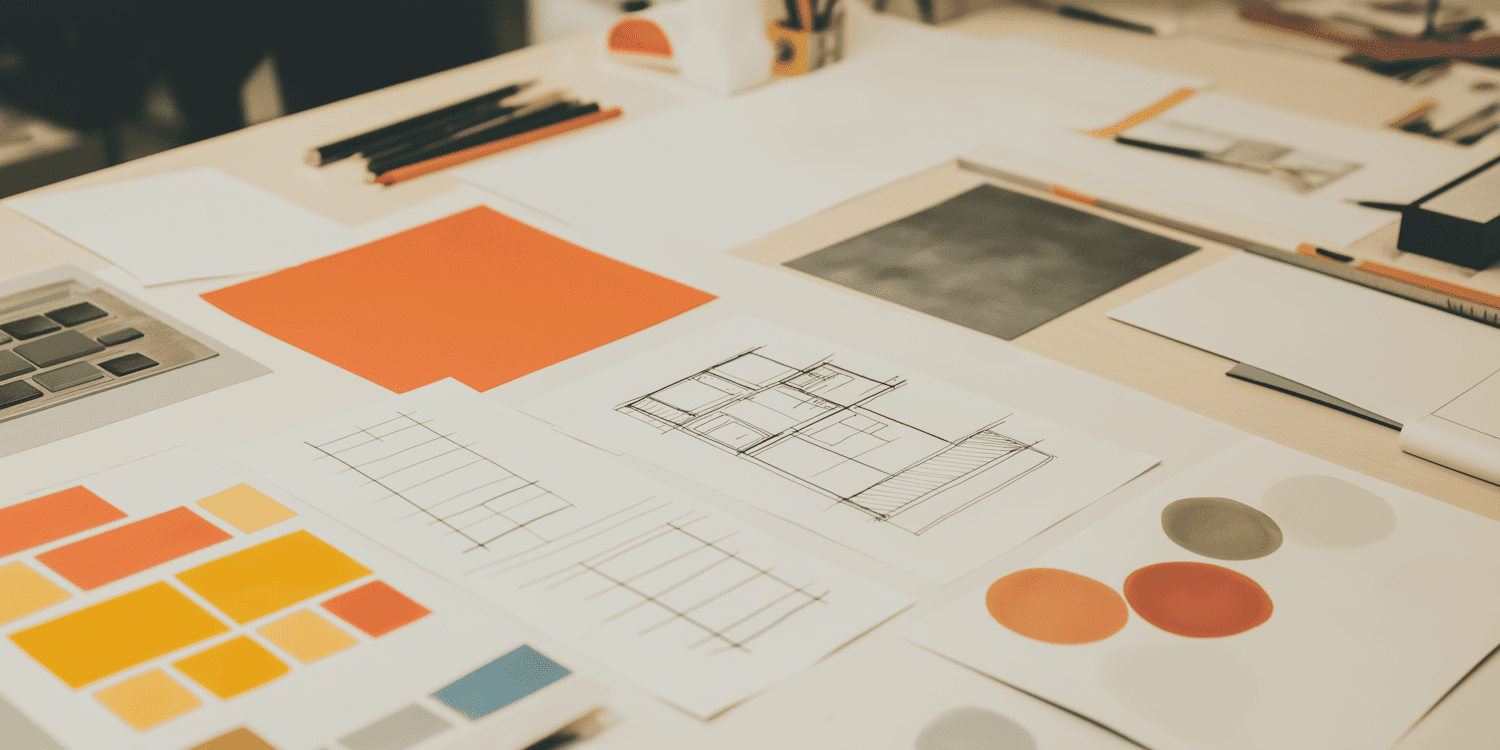 Architectural sketches and colour swatches laid out on a studio desk