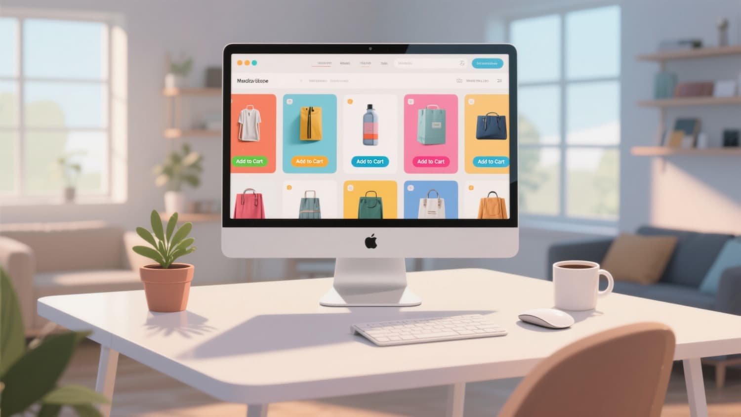 Desktop computer showing the Loom and Larder online store in a bright room