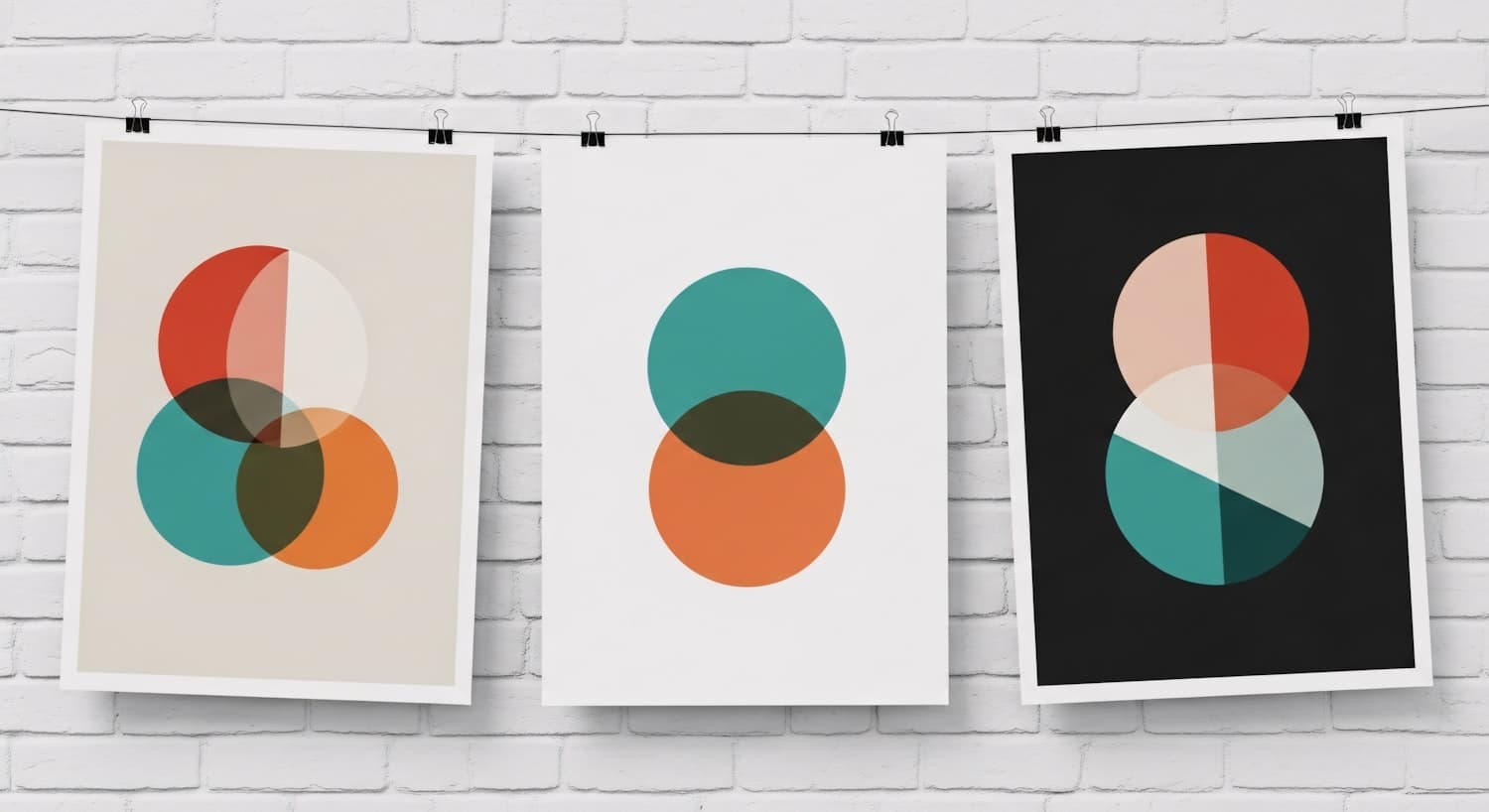 Three bold geometric posters from the Serif Quarterly campaign on a white wall